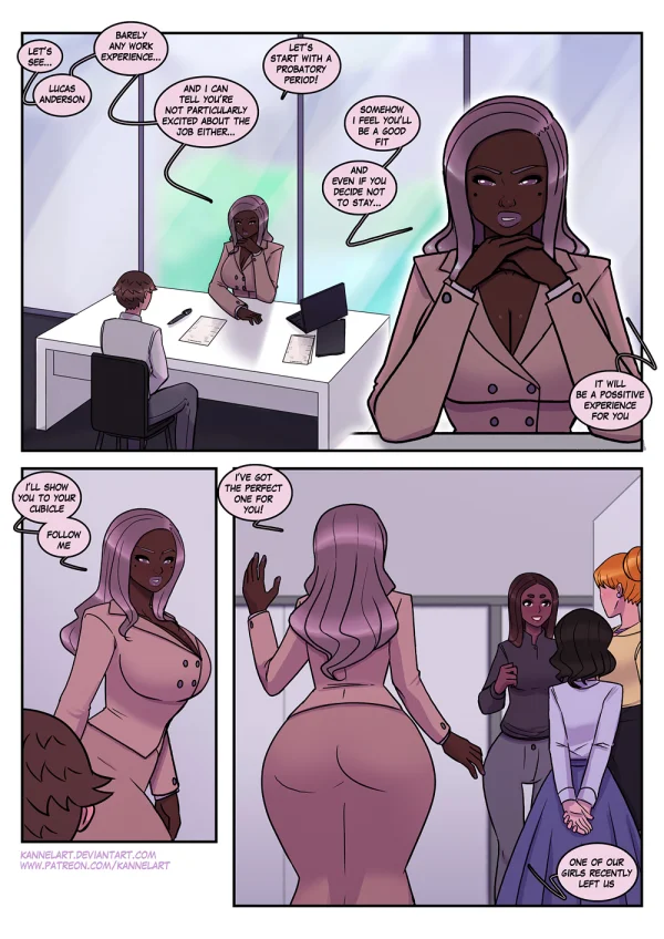 Comic: a job contract turns a guy into a cute office girl with a feminine ass and a new wardrobe.