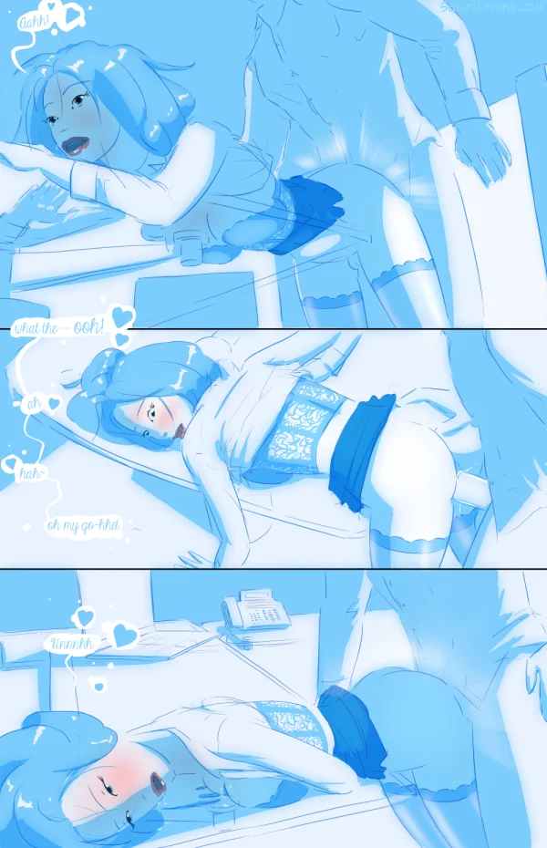 Cover: blue-haired office girl kneeling by a window for Satin Minions Entry Level Positions.