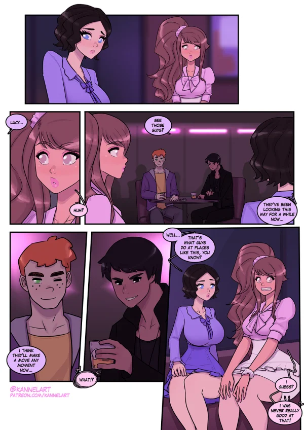 Comic: CYOA job path turns a guy into a pink-dress office girl who falls for her coworker.