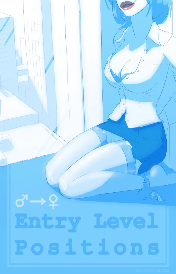Cover: blue-haired office girl kneeling by a window for Satin Minions Entry Level Positions.