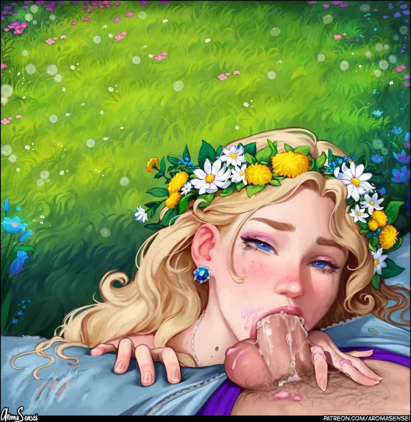 Stardew Valley comic: freckled blonde Haley as Flower Queen flirts with the farmer at the Flower Dance