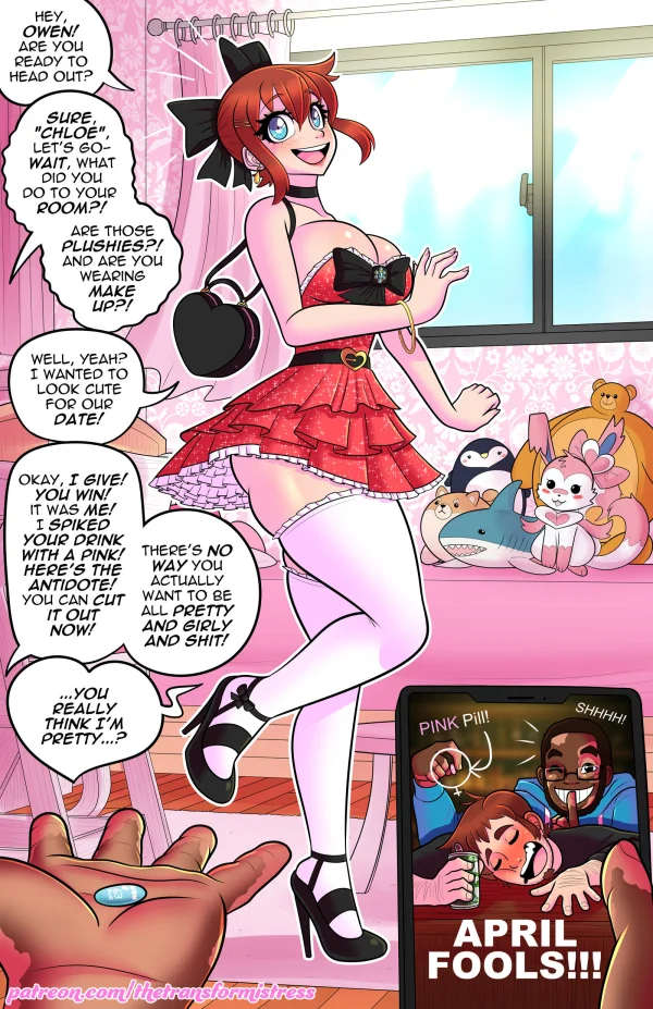 Redhead in a frilly red dress offered a blue pill; April Fools prank comic panel.