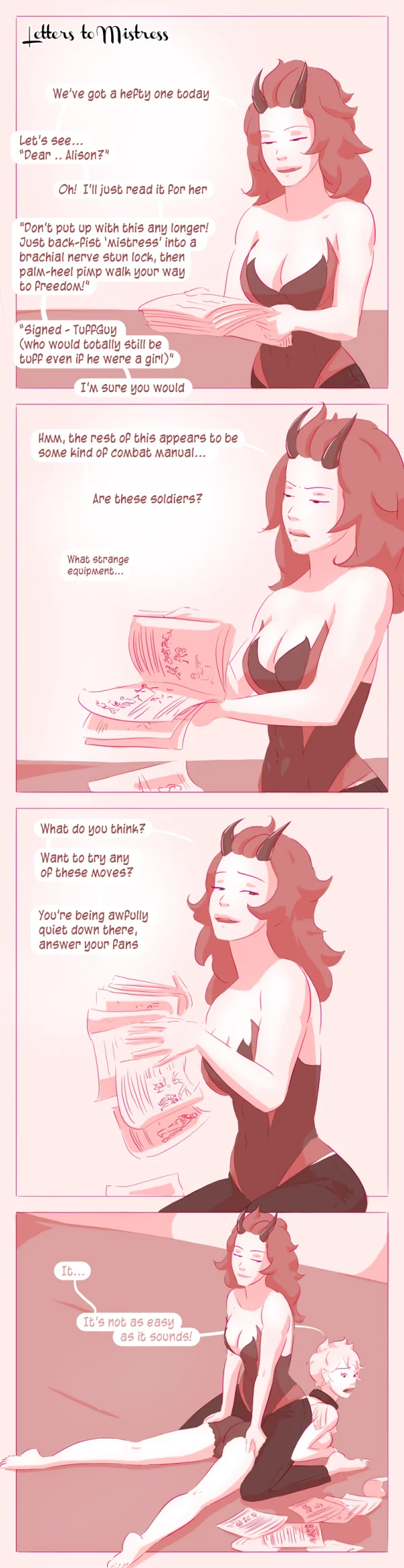 Cover: woman in navy lingerie reading a letter in bed, Satin Minions comic Letters to Mistress.