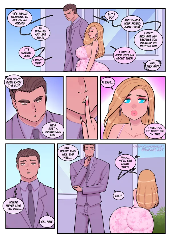 Comic: a rich man becomes a blonde trophy wife with huge breasts and stays for the sex and the life.