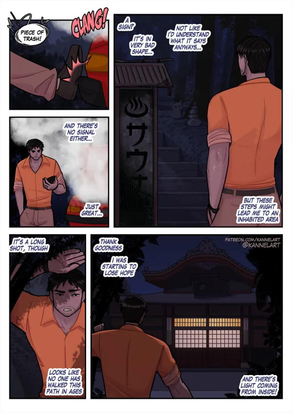 Comic: a stranded man is gender-TFed nude in a magical Japanese bathhouse run by fox girls.