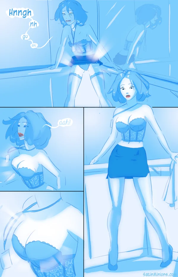 Cover: blue-haired office girl kneeling by a window for Satin Minions Entry Level Positions.