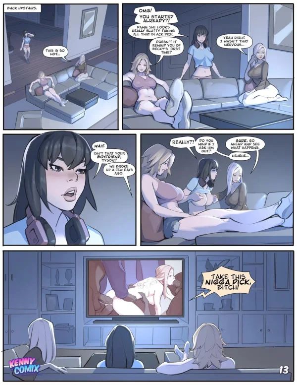 Cover: blonde pledge in a micro bikini before hooded men, Naughty Sorority comic.