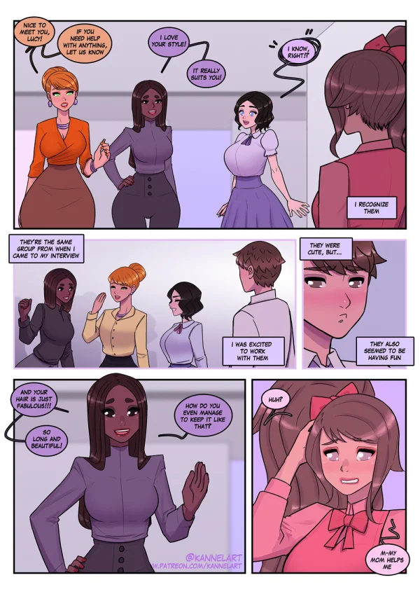 Comic: CYOA job path turns a guy into a pink-dress office girl who falls for her coworker.