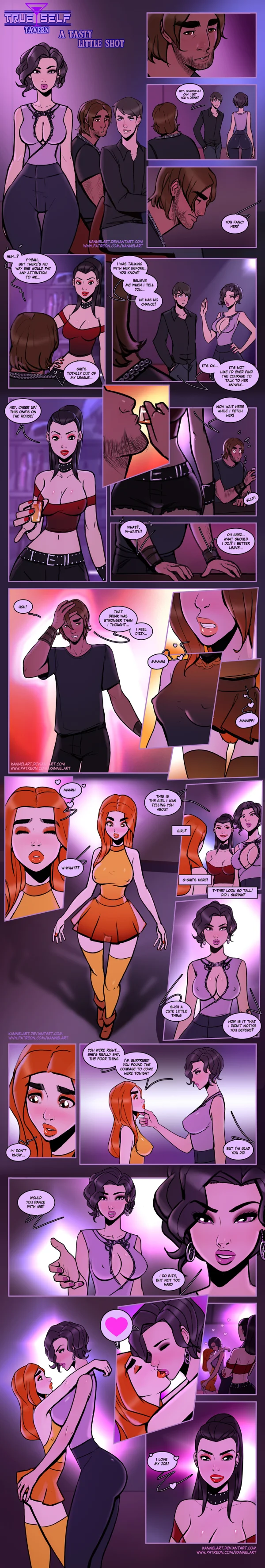 TrueSelf Tavern shot turns a shy guy into a short redhead who gets kissed by the woman he fancied.