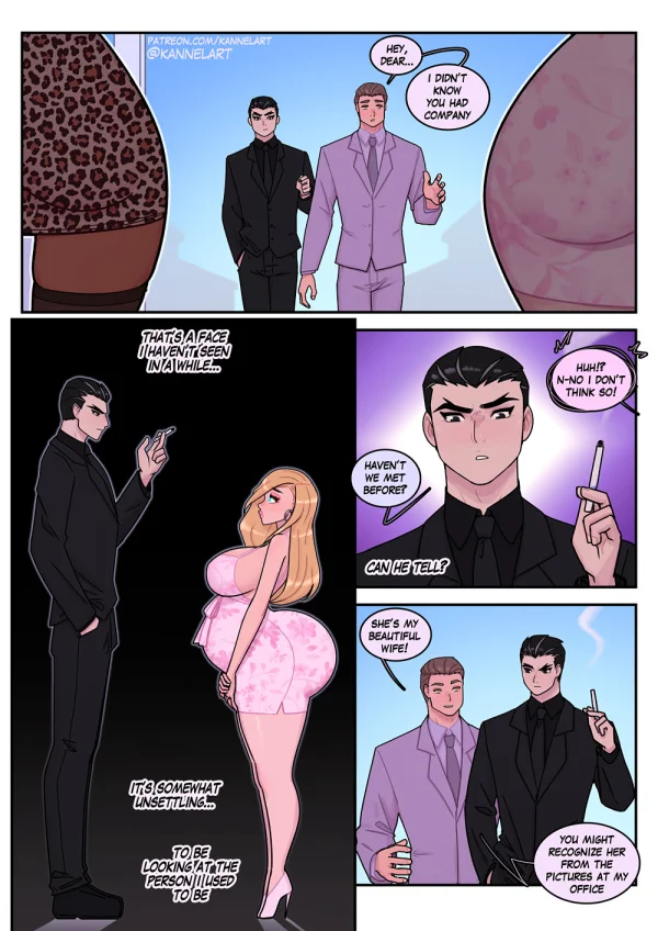 Comic: a rich man becomes a blonde trophy wife with huge breasts and stays for the sex and the life.