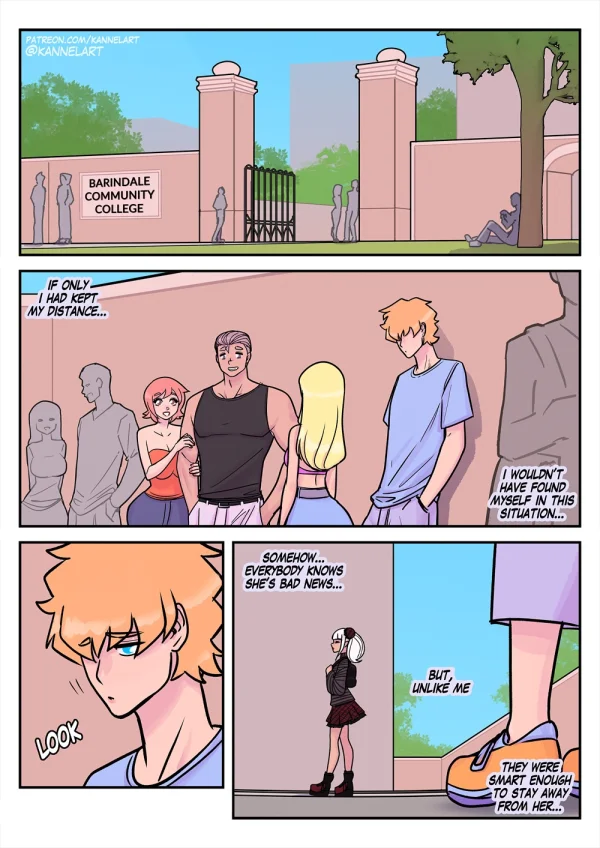 Comic: campus chaos as a goth mistress attracts a demon and her former-male pet plays hero.