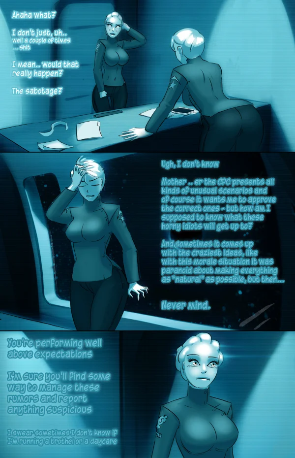 Cover: white-haired crew member holding a ration bar between two crewmates, Satin Minions comic Wetware: Network.