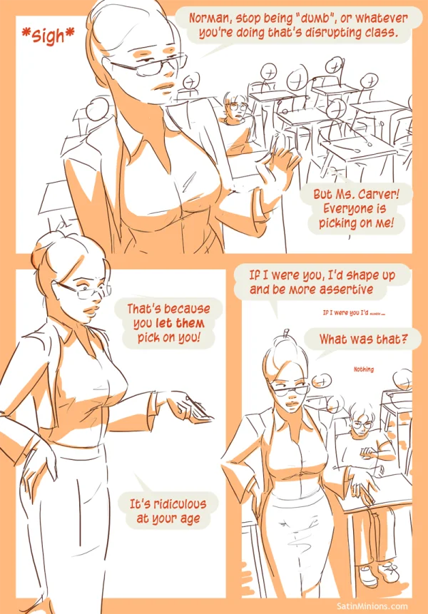 Cover: sketchy classroom scene under the Crank Call title, Satin Minions comic.