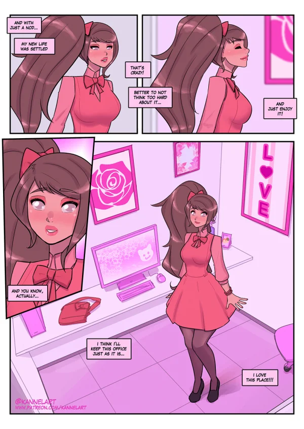 Comic: CYOA job path turns a guy into a pink-dress office girl who falls for her coworker.