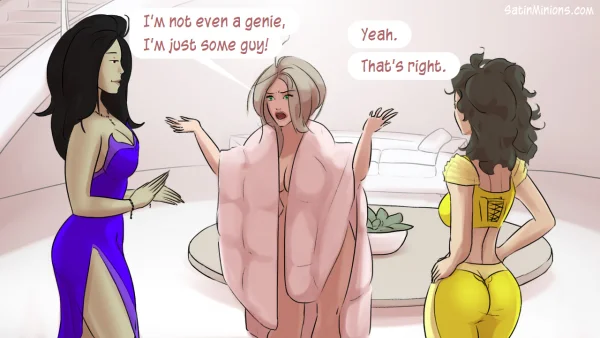 Cover: Path of the Genie part 2 over a sheer pink figure, Satin Minions comic.