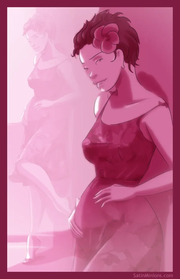 Illustration set: two women's journey from intimacy to pregnancy and the birth of twins.
