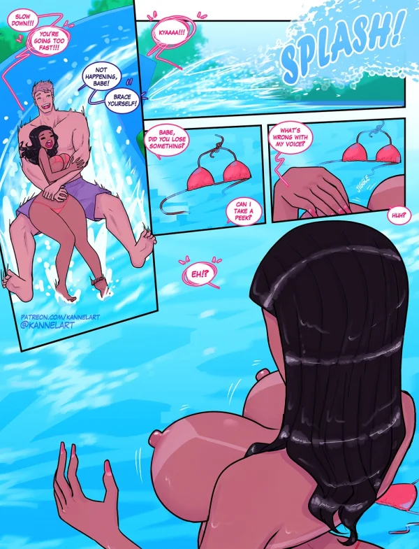 Waterslide body-swap comic: after the splash he is in her growing, hyper-curvy body.