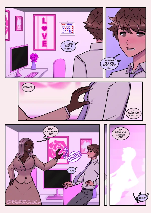 Comic: CYOA job path turns a guy into a pink-dress office girl who falls for her coworker.