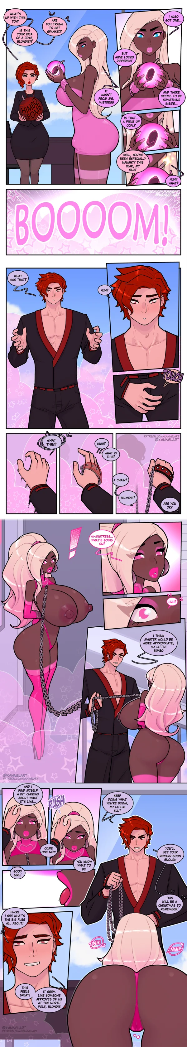 Comic: Christmas bomb TFs a blonde into a chained bimbo who blows her new redheaded master.