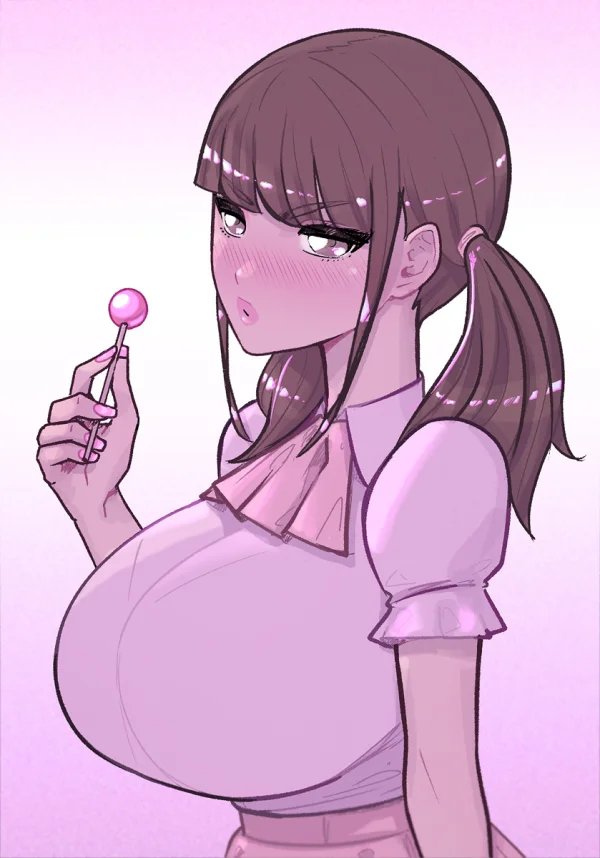 Comic: a guy’s first photoshoot is as a twin-tailed girl with huge breasts in a pink blouse.