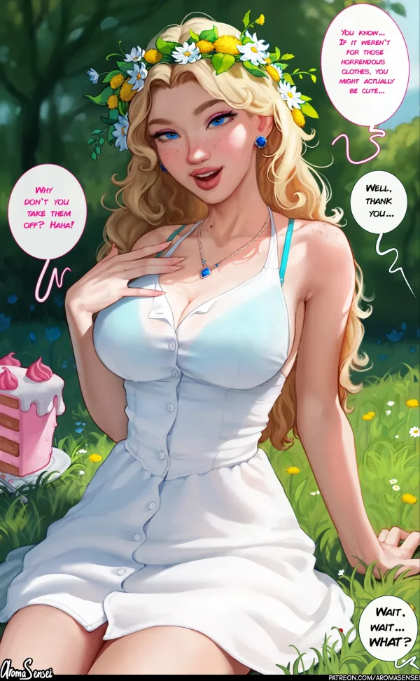 Stardew Valley comic: freckled blonde Haley as Flower Queen flirts with the farmer at the Flower Dance