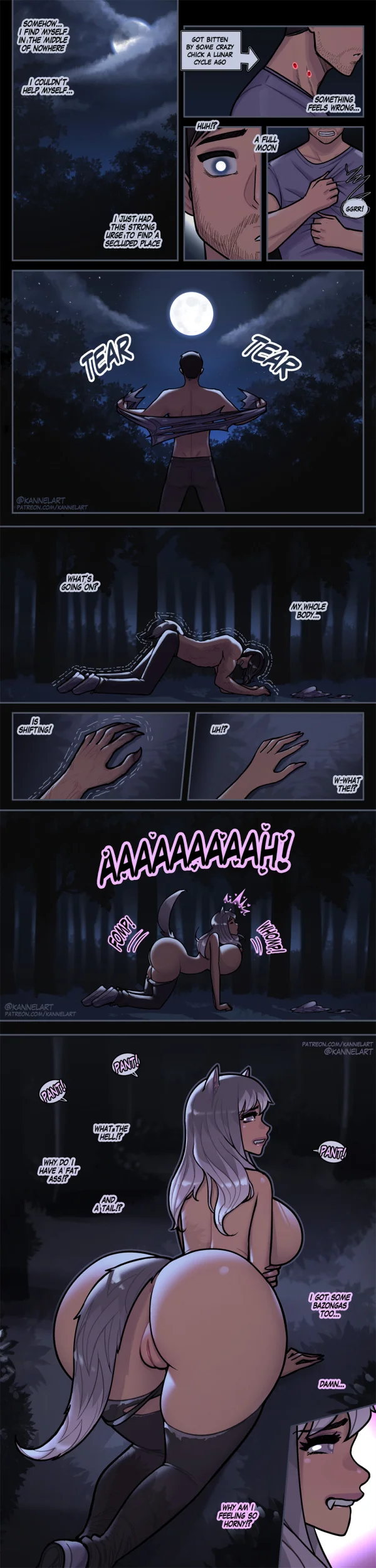 Full-moon bite turns a guy into a nude silver-haired she-wolf with huge breasts, fat ass, and heat.