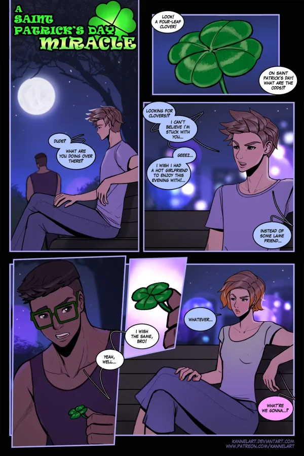 Comic: a guy's wish on a four-leaf clover turns his friend into his girlfriend.