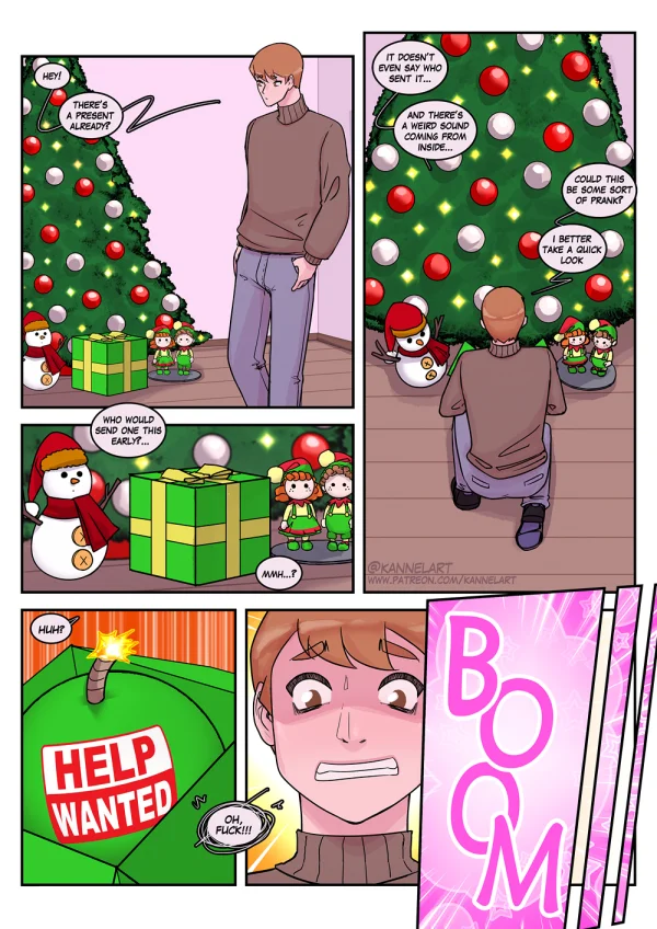 A Christmas gift marked HELP WANTED explodes and TF's a guy into a stacked redheaded elf girl.