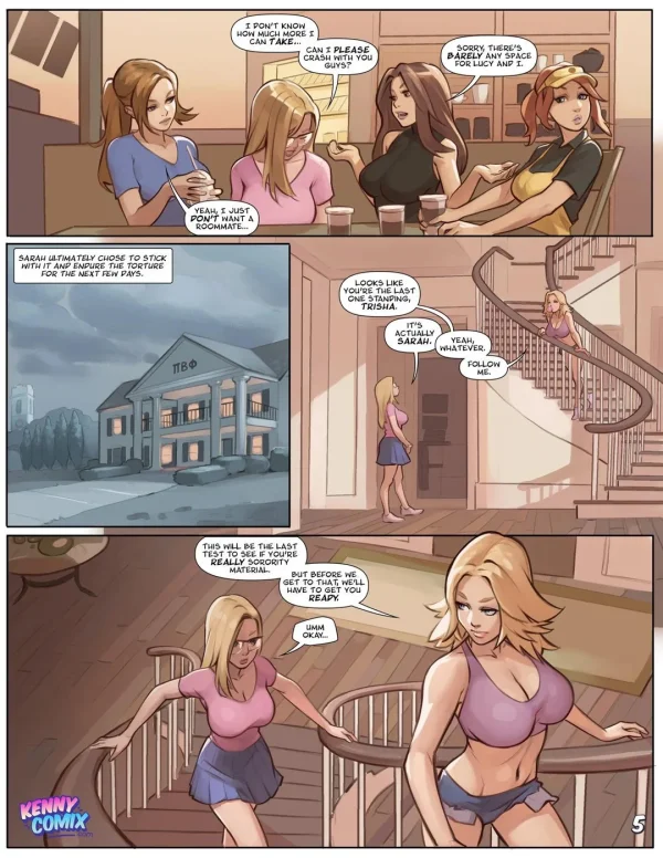Cover: blonde pledge in a micro bikini before hooded men, Naughty Sorority comic.