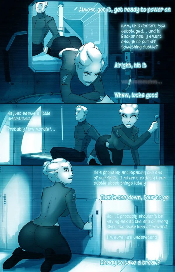 Cover: white-haired crew member holding a ration bar between two crewmates, Satin Minions comic Wetware: Network.