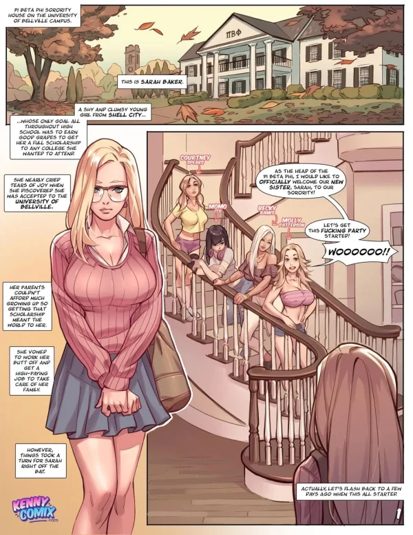 Cover: blonde pledge in a micro bikini before hooded men, Naughty Sorority comic.