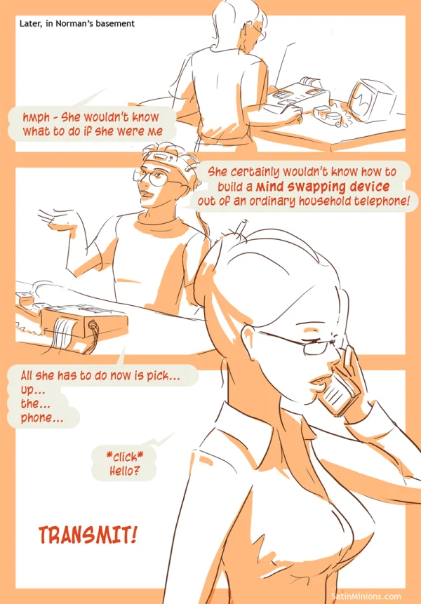Cover: sketchy classroom scene under the Crank Call title, Satin Minions comic.