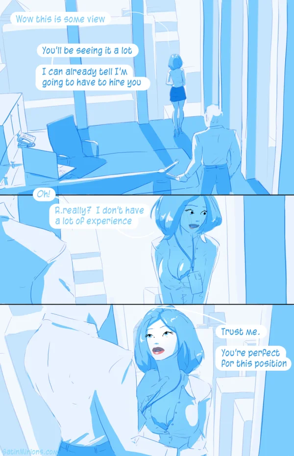 Cover: blue-haired office girl kneeling by a window for Satin Minions Entry Level Positions.