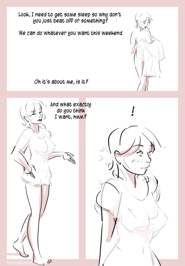 Day’s End cover: three sketch poses of a woman undressing for a Satin Minions comic.