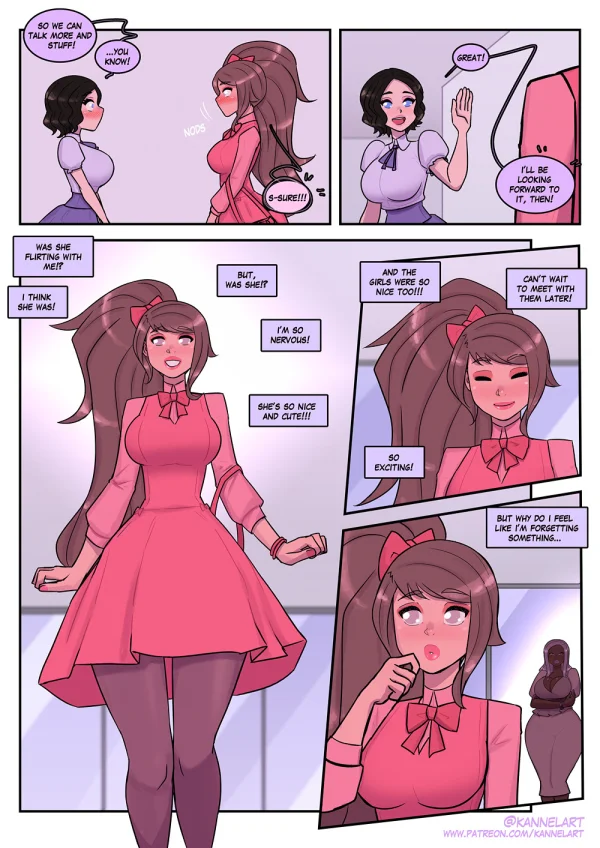 Comic: CYOA job path turns a guy into a pink-dress office girl who falls for her coworker.