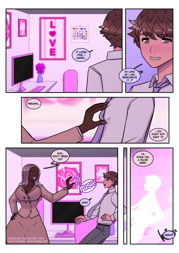 Comic: a job contract turns a guy into a cute office girl with a feminine ass and a new wardrobe.