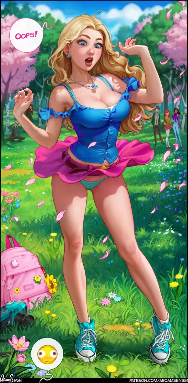 Stardew Valley comic: freckled blonde Haley as Flower Queen flirts with the farmer at the Flower Dance