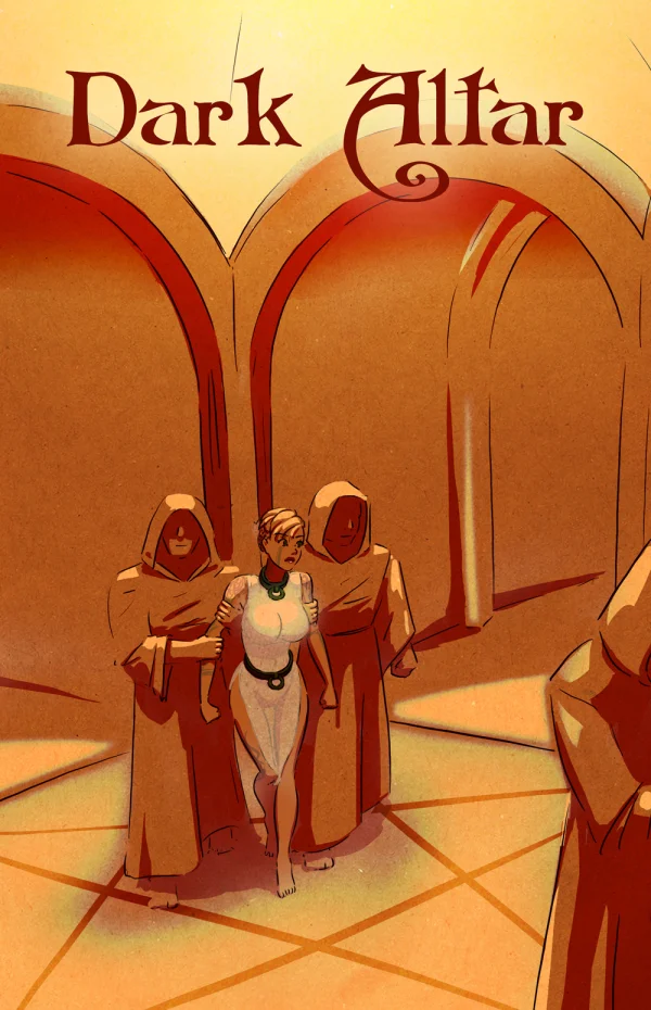 Cover: blonde ritual victim led by hooded cultists into a temple for Dark Altar.