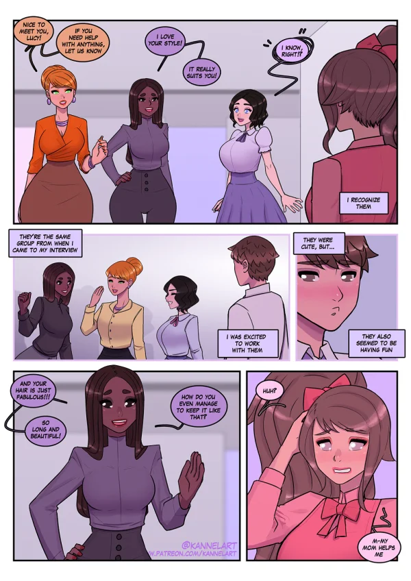 Comic: a job contract turns a guy into a cute office girl with a feminine ass and a new wardrobe.